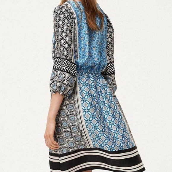 LOFT Blue & Black Ocean Mosaic Tassel Tie Midi Dress, Size Small - Picture 2 of 16